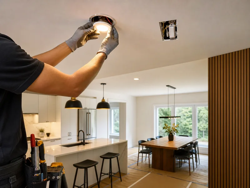 Electricien installant de l eclairage encastre pendant une renovation a Montreal
